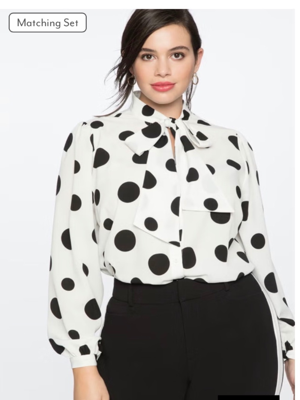 ELOQUII Plus Size 22 White Black Polka Dot Tie Neck Blouse